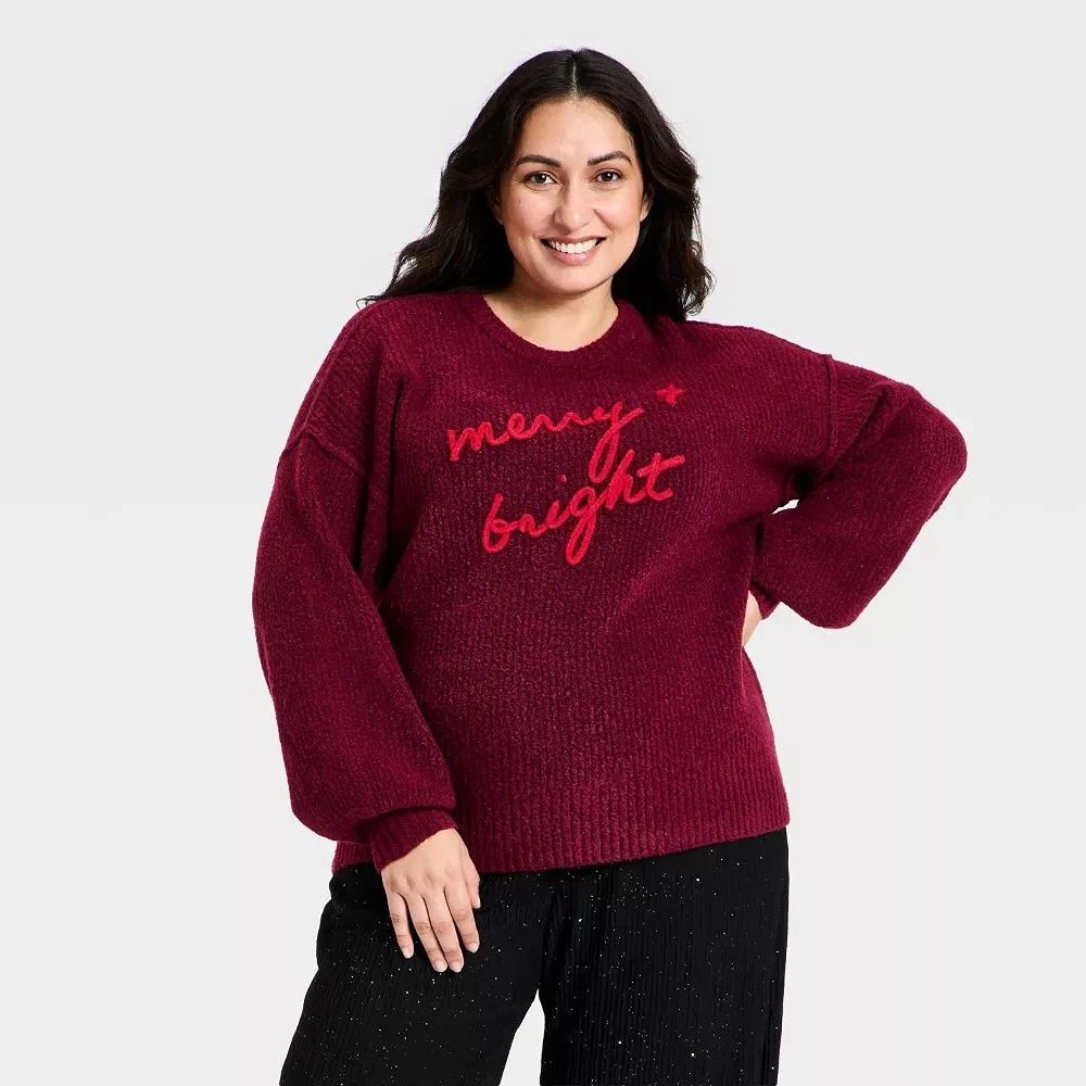 Women's Long Sleeve Crewneck Holiday Pullover Sweater - Ava & Viv Burgundy XXL
